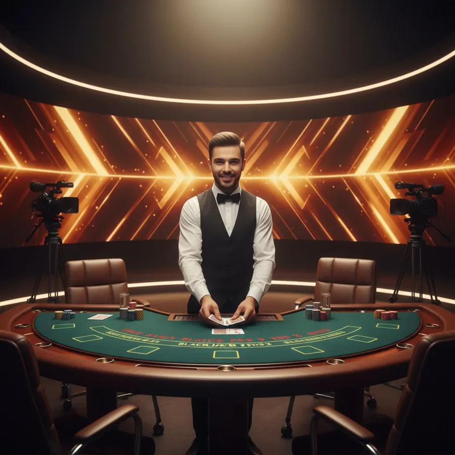 Krupieeri blackjack-pöydässä kirkkaasti valaistussa studiossa